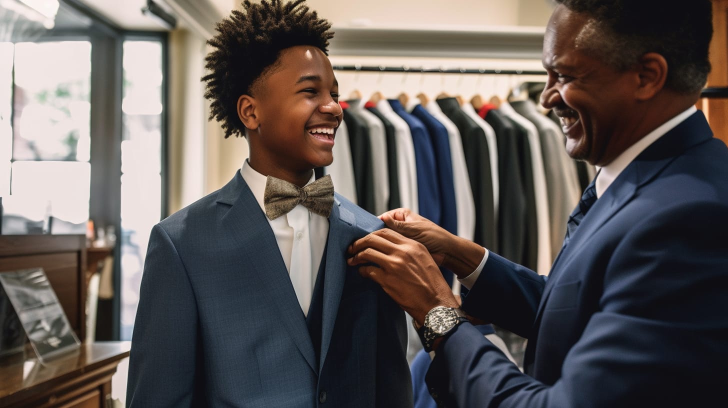 father helping son pick suit