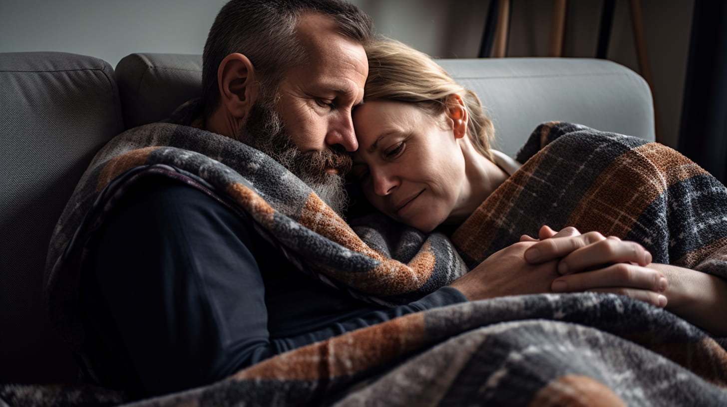 Couple cuddle up with cozy blanket