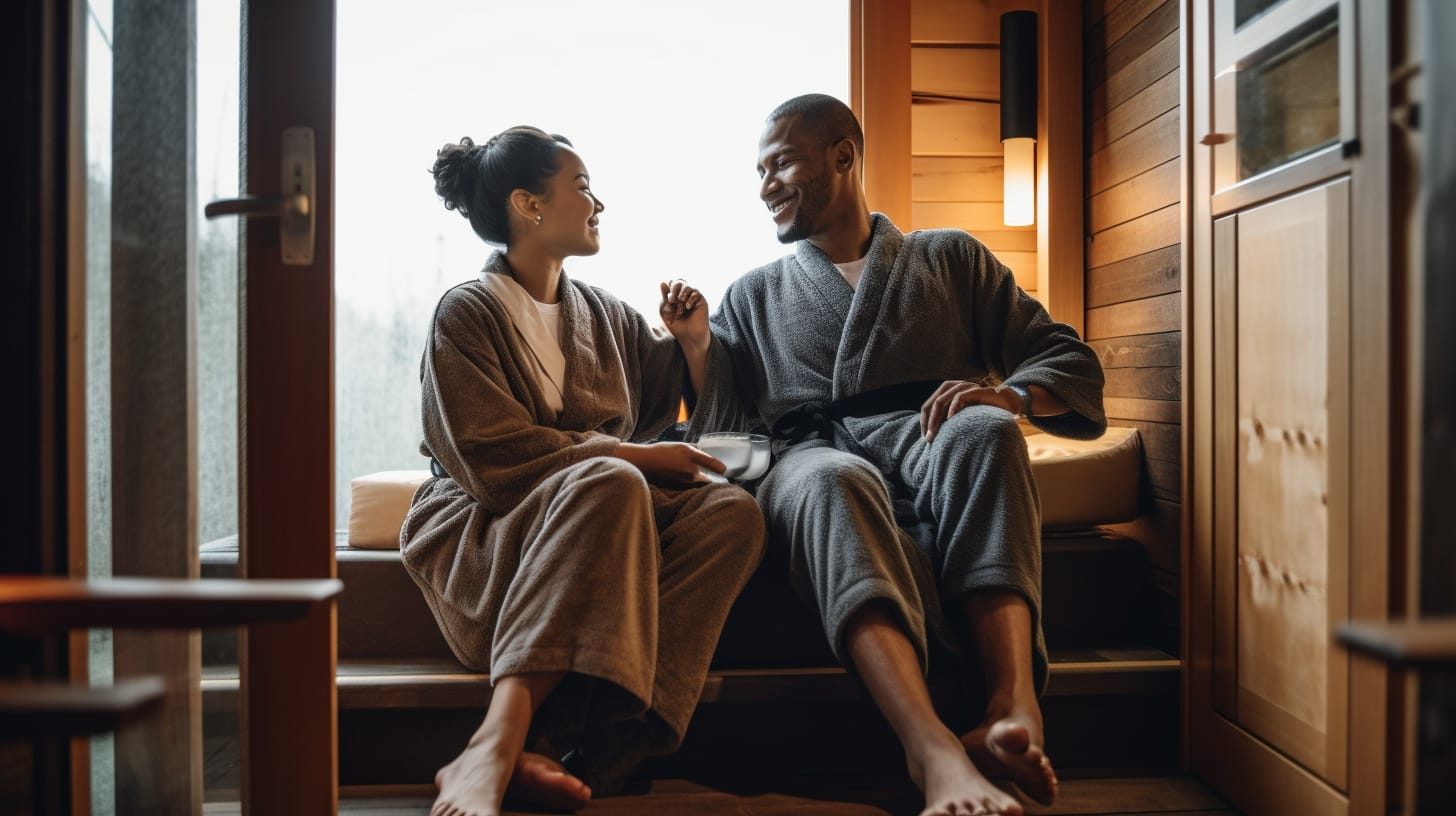 couple cuddling with luxurious bathrobes